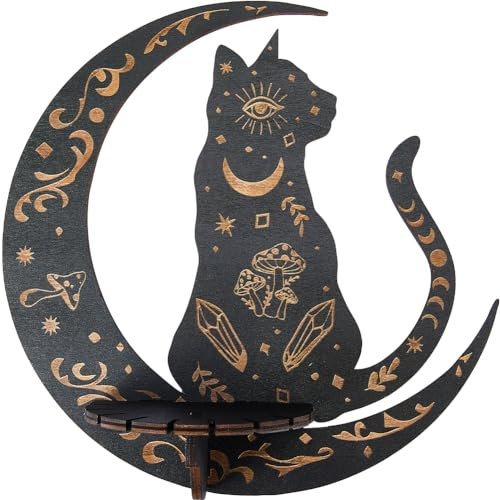 CREATCABIN Kristallregal-Display,Hölzernes Wandkristallregal,Katze,Mond,Rustikale Schwebende Regale,Schmuckstück,Pendelhalter Zum Aufhängen,Ätherisches Öl,Spirituelles Geschenk,Wanddekoration,25x25cm