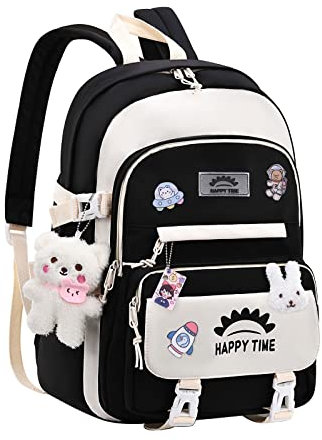 NYCEMAKEUP Kinder-Schulrucksack für Mädchen, Laptop-Rucksack, Schultaschen, Büchertaschen mit Nadeln und Anhänger, für Teenager, Kinder, Schulrucksack, Schwarz