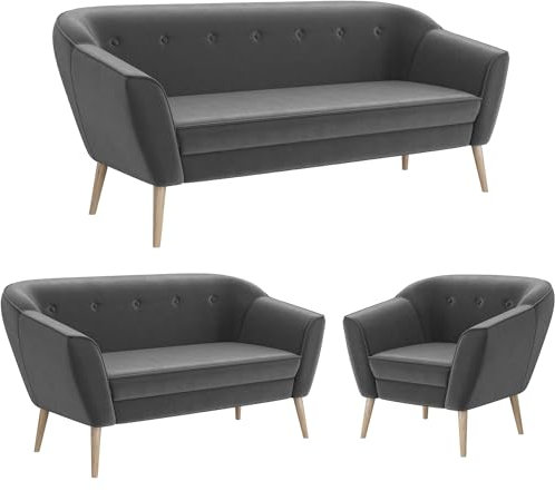 MEBLINI Mini Sofa Set 3-2-1 für Wohnzimmer - Mini Lounge für sechs Personen - Küchensofa - Sofa Klein - Sitzgarnitur - Polstergarnitur - Sofagarnituren - Doris - 3+2+1 - Dunkelgrau Samt