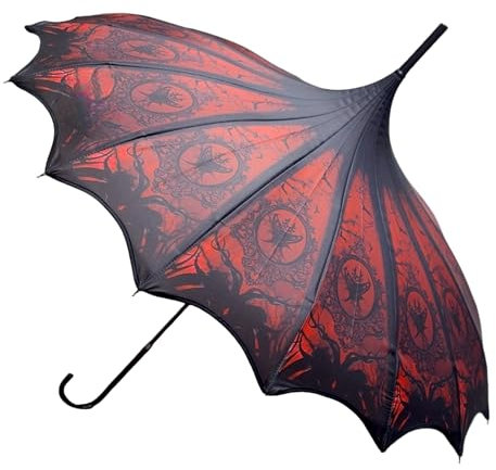 Gothic Rebel Pagoden-Regenschirm, rotes Ritual-Handwerker-Design mit Fledermausflügeln, gewellte Kanten, volle Größe, wasserdicht, winddicht, UV-Schutz, Gothic-Sonnenschirm mit Tragetasche