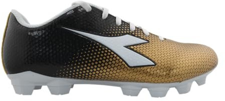 Diadora Cattura - Tacos de fútbol para suelo firme para jóvenes, tamaño para niños pequeños/grandes, perfectos para superficies de juego naturales y artificiales, Negro/Blanco/Dorado, 4 Big Kid