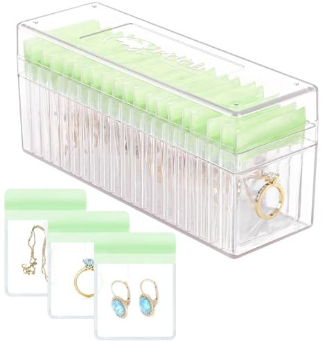 HOMEHIVE Acryl-Schmuckkästchen, transparenter Schmuck-Organizer mit 20 tragbaren Schmucktaschen, Anlaufschutz, Reise-Schmuckschatulle für Ohrringe/Ringe/Halsketten für Damen und Mädchen, Grün