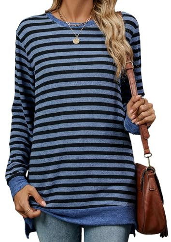 iChunhua Cute Long Sleeve Striped T-Shirts Women Baggy Ladies Winter Jumpers Warm Long Tunic Tops for Women Uk Dark Blue