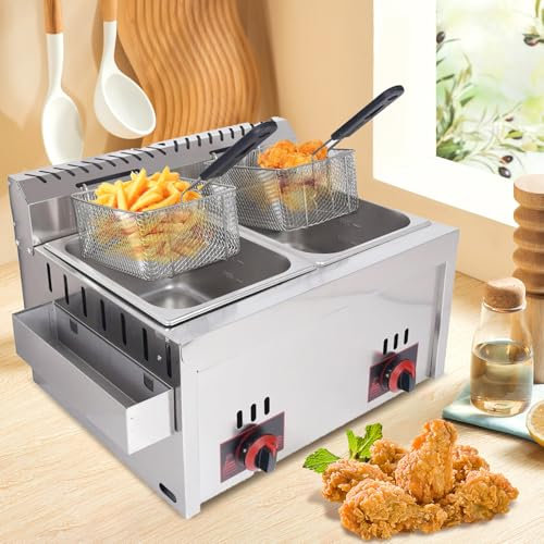 Friteuse Professionnelle,Friteuse À Gaz Commerciale Professionnelle 20L Friteuse Double Cylindre Double Écran Friteuse LPG En Acier Inoxydable Friteuse Double Grande Capacité Avec Paniers Et Couvercle