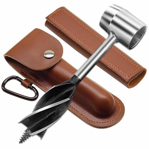 Bushcraft Gear Handbohrer, Holzbohrer, aus hochwertigem, gehärtetem, oxidiertem Stahl, manuelles Lochmacher, Multitool mit Lederetui, Camping, Braun