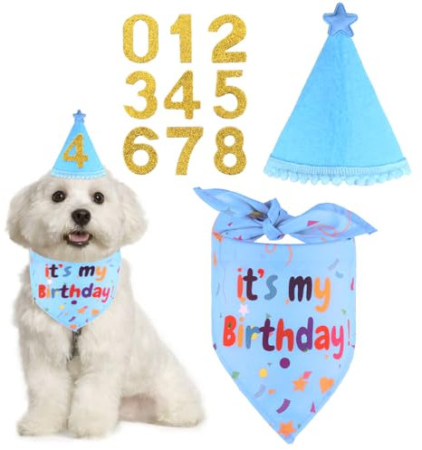 3 Stücke Hunde Geburtstag Deko, Hunde Geburtstag Hut Bandana Mütze mit 8 Bling Nummern Hundegeburtstagskrawatte Krawatten Hund Halstuch Bandana Hunde Zubehör Set Hundegeburtstagsparty