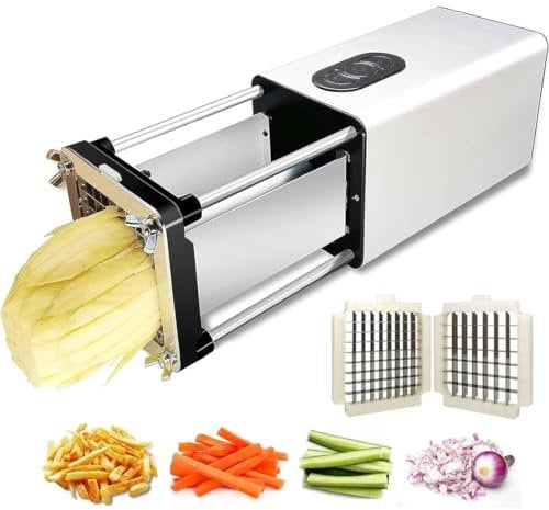 Potatoes Carrots Cucumbers Electric French Fry Cutter Machine - Stainless Steel Potato Chipper with 1/2 Inch, 3/8 Inch 2 Blade for Commercial & Household by SMTDGY (Black)