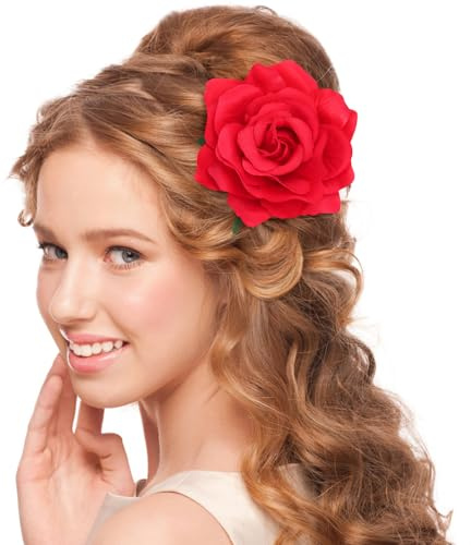 Artifical Red Rose Flower Hairpin for Women, Fascinator Artificial Brooch Hairpins for Bridal Bridesmaid Girls, Rose Red Hair Accessories for Christmas, Wedding (Red)
