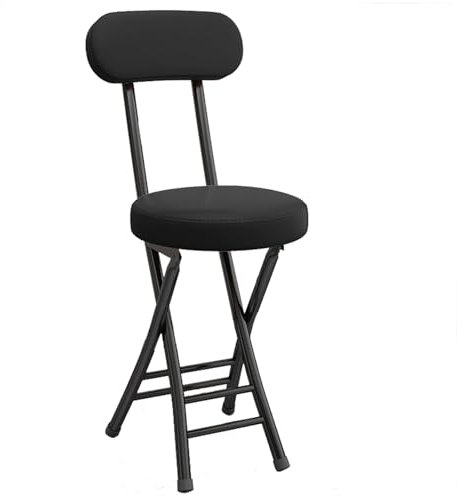WBQYIMF Folding Stool with Backrest, Cushioned Padded Leather Round Portable Foldable Bar Stool Chair for Kitchen(Black)