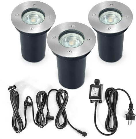 JNR Bodeneinbaustrahler aussen schwenkbar Bodenleuchten,IP67 Wasserdicht 12V Außen Gartenbeleuchtung mit LED 3 * 4w MR16 warmweiß Bodenspot für Garten Balkon Auffahrt,Silber
