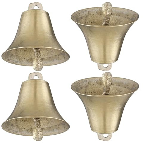 4 Stück-Pack Kupfer Kuhglocke Groß, Laute Vintage Glocke | Selbstgemacht Zubehör, Klare Laute Töne, Diebstahlschutz gegen Verlust, Leichtes Design, Goldfarbene Oberfläche, Heimdeko