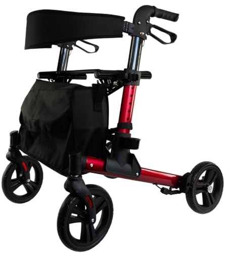 Parvum Riva Rollator – Doppelt faltbar, aus Aluminium, 6,6 kg, mit komfortablem Sitz und Rückenlehne, versteckten Bremskabeln – sicher & mobil im Alltag und unterwegs – Gehhilfe für Senioren - Rot