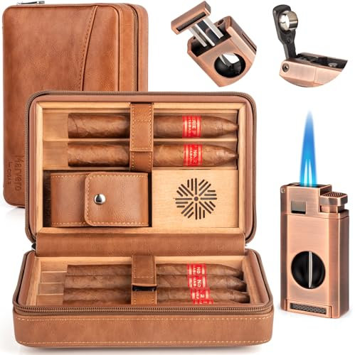 Marvero Leder Zigarrenhumidor Reise Set mit Befeuchter - Tragbarer Reise Humidor für 6 Zigarren,3-in-1 Zigarrenanzünder, V-Cutter & Punzierer