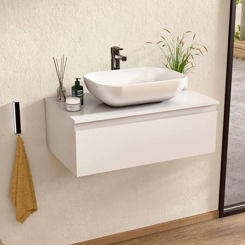 BELLOBATH - Mueble Baño Suspendido con Lavabo de Cerámica y Espejo, Mueble Baño con Lavabo Montado con 1 Cajón, 60 x 27 x 46 cm, Mueble Blanco