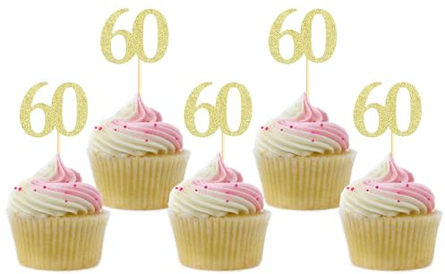 Sotpot 30PCS Gold Glitter 60th Birthday Cupcake Toppers Cheers to 60 Years Cupcake Picks for 60th Birthday Anniversary Party Decorations
