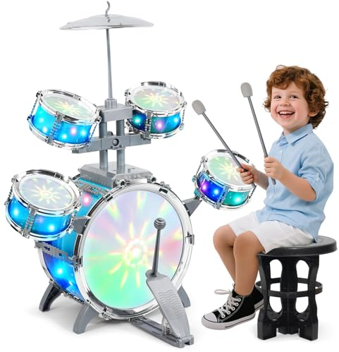 LeeQee Kids Drum Set for Age 3-5, Light Up Drums with Stool & Sticks