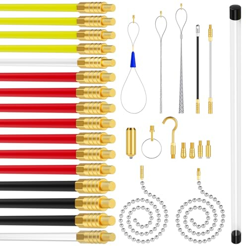 16M 52.5FT Cable Access Rod and 17pc Installation Attachments Accessories Kit Set, 16 x 1M Rods Flexible Cable Navigation Electricians Tools, Electric Wire Puller