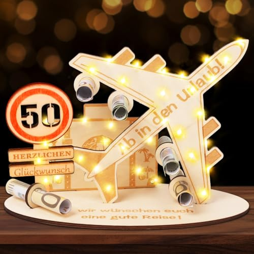 Geldgeschenke Geburtstag Holz, 50 Geburtstag für Frauen und Männer, Flugzeug Geschenk, Geldgeschenke Verpackung, Geldgeschenk Reise, Reisekasse Geschenk für Damen Herren (Beige-50)