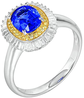 Daesar Ringe Frauen 585 Bicolor, Trauring Damen Einzeln Sonnenblume mit 1.3ct Oval Saphir und 0.078ct Gelber Diamant Verlobungsring Hochzeit Ring Frauen Große 61 (19.4)