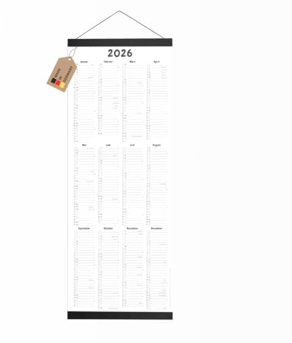 PuK Wandkalender 2026 DIN Lang A2 (297x790 mm) | Monatskalender mit Feiertagen & Kalenderwochen | Hochformat zum Aufhängen | Optional mit magnetischen Holz-Posterleisten (mit Posterleiste)