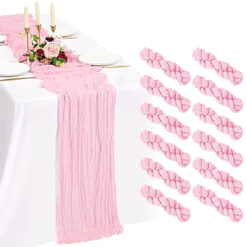 Showgeous Lot de 12 Chemins de Table Rose Clair 55x300cm Mode Chemin de Table Bohèmes en Gaze,Boho en Tissu Froissé Mousseline Gaze de Coton Rustique pour Mariage,Fête Prénatale Décorations de Table