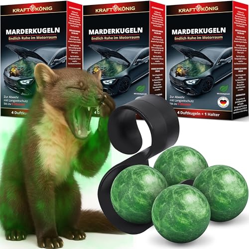 KRAFTKÖNIG Marderkugeln – 3 x 4 Stück mit Halterung für Auto & Motorraum | Duftbasierte Marderabwehr für Auto, Motorraum, Garage, Dachboden und Garten; Marderschreck Auto mit Wirkung bis zu 6 Monate