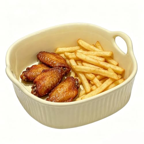 Plat à gratin en céramique pour Airfryer et four, 650 ml, avec chaleur uniforme, passe au lave-vaisselle et empilable, plat rond avec poignées, four et micro-ondes (jaune)