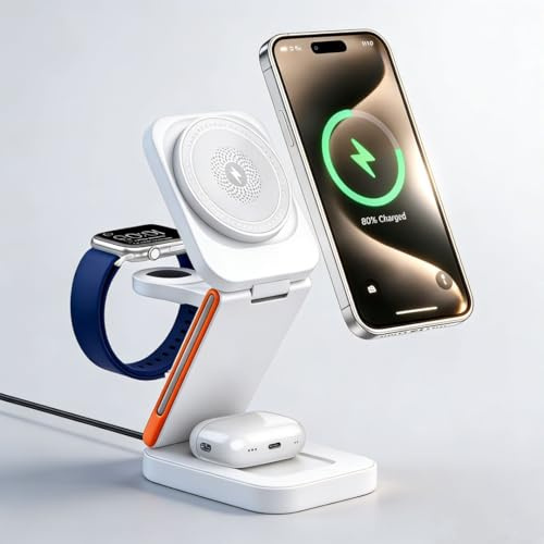 3 en 1 Cargador Inalámbrico Plegable para iPhone 17/16/15,Apple Watch Ultra | 9/8/7/6/SE y Auriculares, Estación de Carga Rápida 15W con Luz Nocturna y Base Antideslizante de Viaje，Blanco