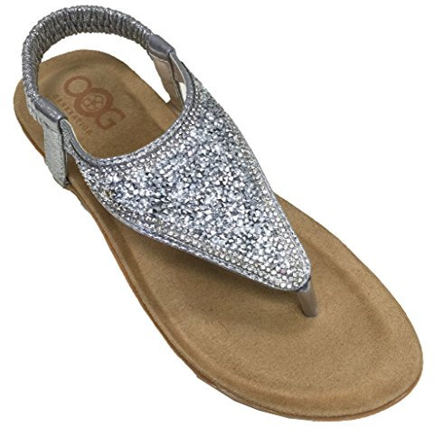 OOG Sommer Sandale Strassstein Damen Schuh Sandaletten Antirusch gepolsterte Sohle (37, Silber)