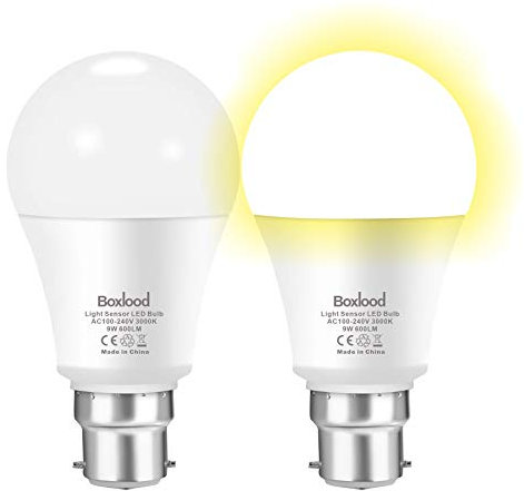 Boxlood Dusk Till Dawn Light Bulbs, 3000K Warm White, 9W 60W Equivalent, B22 Energy Saving Light Bulbs, for Yard Porch Patio Garden, 2Pack