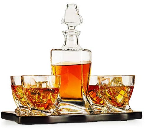 Whiskey Decanter & Glasses Crystal Set, Italian Crafted 5 Piece European Style Wine & Whiskey 855ml, With Wood Sophisticated Tray Set - Spirits, Scotch, & Bourbon Whiskey Glassware