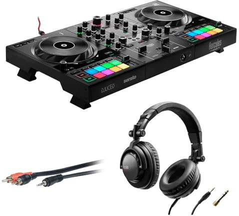 Hercules DJControl Inpulse 500 DJ Controlador de software con auriculares Hercules HDP DJ45 y cable mini a 6 pies RCA