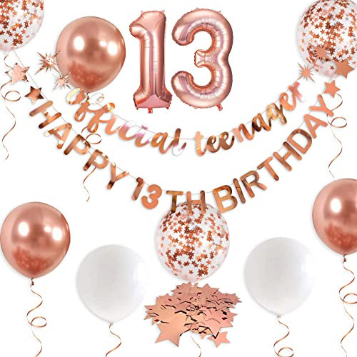Rose Gold Official Teenager Happy 13th Birthday Banner Garland Foil Balloon 13 for 13 Birthday Decorations Official Teenager 13th Birthday Decor for Teen Girls 13 Year Old Birthday Party Supplies