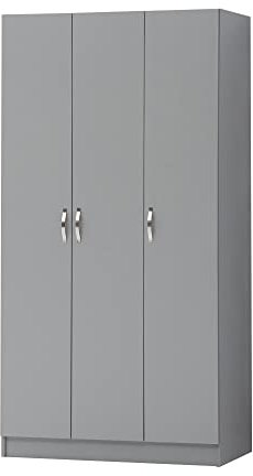 Timber Art Design 3 Door Double Wardrobe Modern Almirah Storage Cupboards Organiser Unit With Shelving, Hanging Space, Bedroom Furniture With Chrome Metal Handles, Grey- H180 x W90 x D45 cm