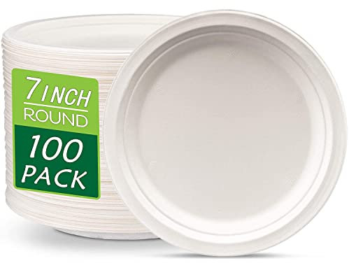 JEBBLAS Lot de 100 Assiettes en Carton Jetables écologiques 100% Compostables de 17.78 cm,Blanc Assiette Jetable.