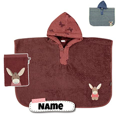 STERNTALER Badeponcho + Waschlappen mit Name Bestickt mit Name | personalisiert | Kapuzenbadetuch Bademantel Kinder | Kapuzenhandtuch | Badetuch mit Kapuze | bis 5 Jahre (Emily Esel weinrot)
