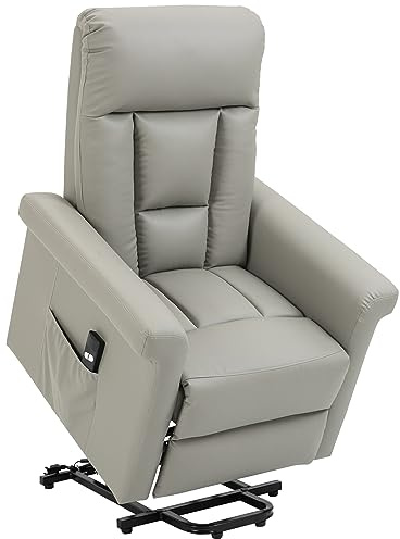 HOMCOM Power Lift Chair, PU Leather Recliner Sofa Chair for Elderly with Remote Control, Side Pocket, Grey