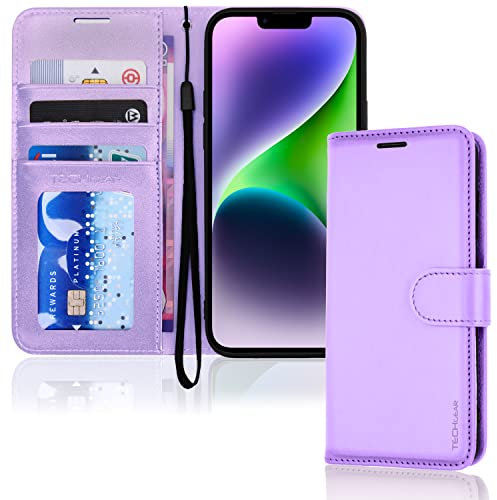 TECHGEAR iPhone 14 Leather Wallet Case, Flip Protective Case Cover with Wallet Card Holder, Stand and Wrist Strap - Purple PU Leather with Magnetic Closure for iPhone 14 6.1