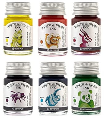 Octopus Write and Draw Ink Set CARNIVAL, wasserfeste Tinte zum Schreiben und Zeichnen, Kalligraphietinte, Zeichentusche für Füllhalter, 6x10 ml
