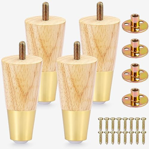 Stahala Lot de 4 pieds de meubles en bois de 10,2 cm avec capuchon doré, pieds de rechange en bois pour canapé, pieds d'armoire, pieds de commode, pieds de canapé inclinables