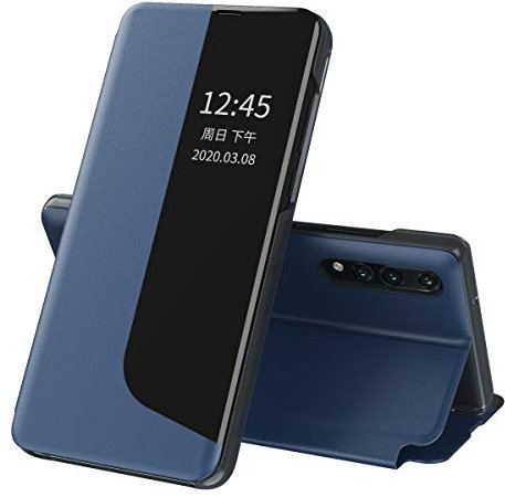QIWEIQING Handyhülle für Huawei P20 Pro Hülle Klappbar, Luxus Dünn Spiegel Flip Leder Hard PC Stoßfest Hülle mit Ständer Klappbar, Hülle Smart Clear View für Huawei P20 Pro. Blue QH3