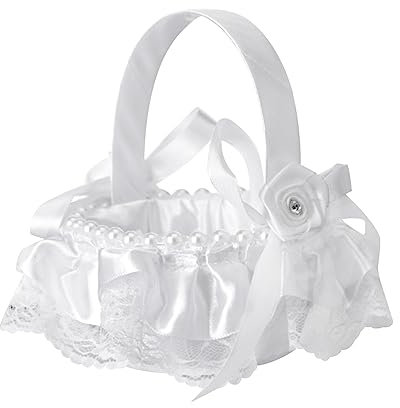 Gativs Panier de Fleur Panier Mariage Blanc et Décoration de Perles Panier de Bouquetière Panier de Fleurs de Mariage Romantique Panier de Pétales de Mariée Panier de Fleurs de Mariage Tenu Dans Main