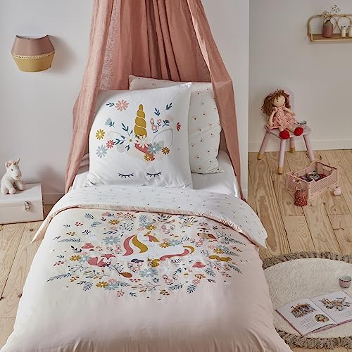 Future Home Parure de lit 2 pièces Enfant 1 Personne Fille en Coton imprimé Imprimé Rose Licorne Set de Housse de Couette 140x200cm +1 Taie d'oreiller 63x63 cm avec Fermeture Boutons