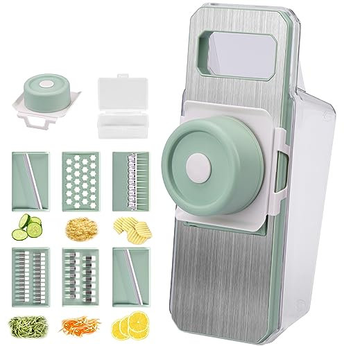 LoQuick Mandolina Affettatrice Professionale,6 in 1 Taglia Verdure,Affettaverdure Tagliaverdure con Contenitore,Con Impugnatura Paramano,Affettatrice per Patate/Pomodoro/Cipolla/Frutta/Alluminio