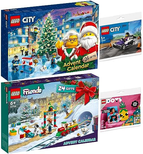 Lego 4er Set: 60381 Lego City Adventskalender 2023, 41758 Lego Friends Adventskalender 2023, 30589 Go Kart Fahrer & 30560 Ananas Fotohalter & Mini Tafel