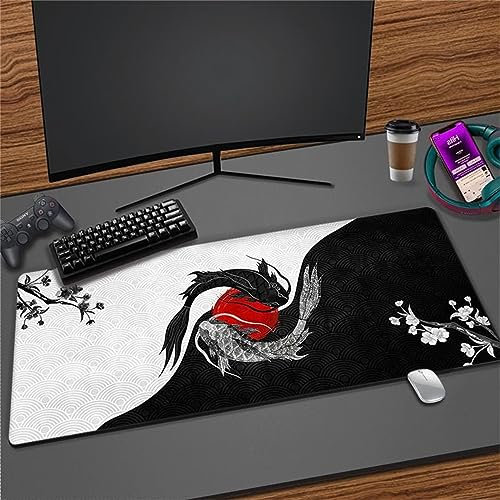 Yoonqun Tapis de Souris Gaming XXL 1000x500x2mm,Surface Améliore Vitesse et la précision,Base en Caoutchouc Antidérapant Surface,sous-Main Bureau Souris et Clavier Poisson Fleuri Noir et Blanc