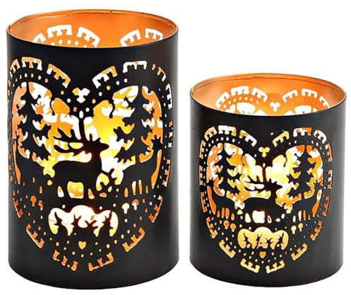 Windlicht Herz mit Hirsch 2 STK Advent Teelichthalter für Weihnachten Adventskranz schwarz Gold