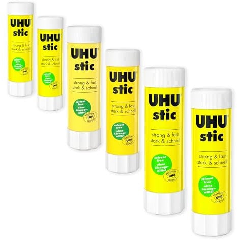 UHU Stic Glue Stick – Senza solventi – Applicazione trasparente – 8G/21G/40G – 2 di ogni dimensione – Confezione da 6