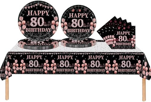 53Pcs Black Rose Gold 80th Happy Birthday Party Tableware Decorations for Her Plastic Table Cloth,7,9inch Paper Plates,Napkins for Women Birthday Table Party Tableware Set for Girls Women Adults