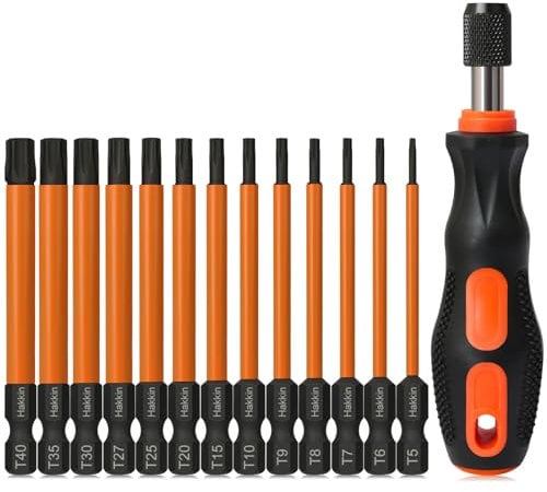 Torx Bit Set with Driver Hakkin 14Pcs Tamper Proof Security Bits S2 Steel Torx Screwdriver Sets 1/4” Hex Shank Magnetic 75mm Torx Screwdriver Bits for Power Tools Hand Tools T5-T40